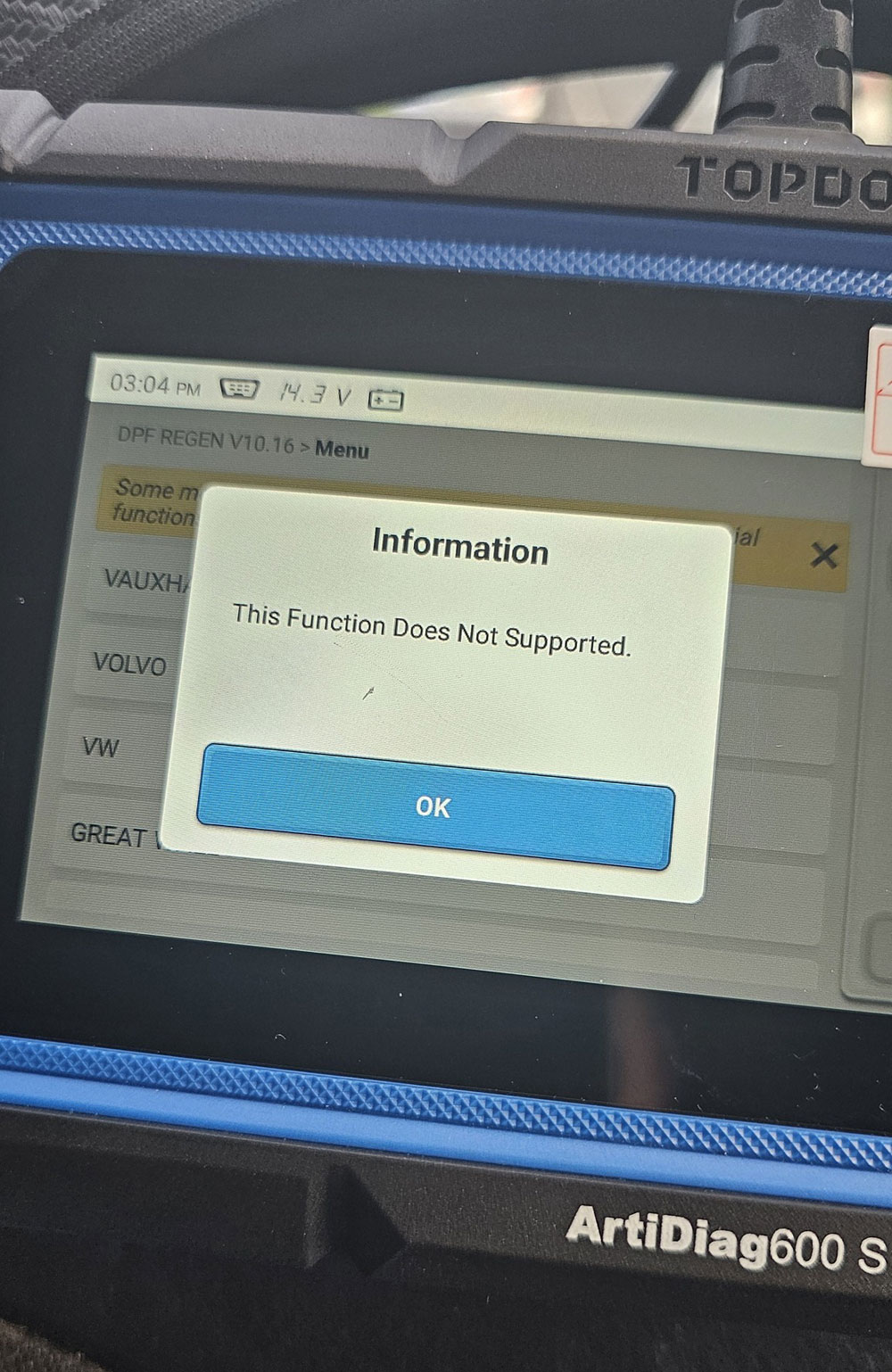 Topdon AD600S 2013 vauxhall vivaro DPF Regen Function Not Supported Topdon AD600S 2013 vauxhall vivaro DPF Regen Function Not Supported