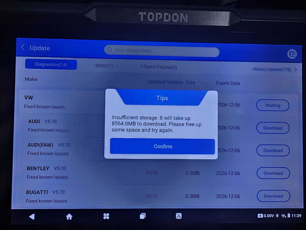 topdon ultradiag insufficient storage topdon ultradiag insufficient storage