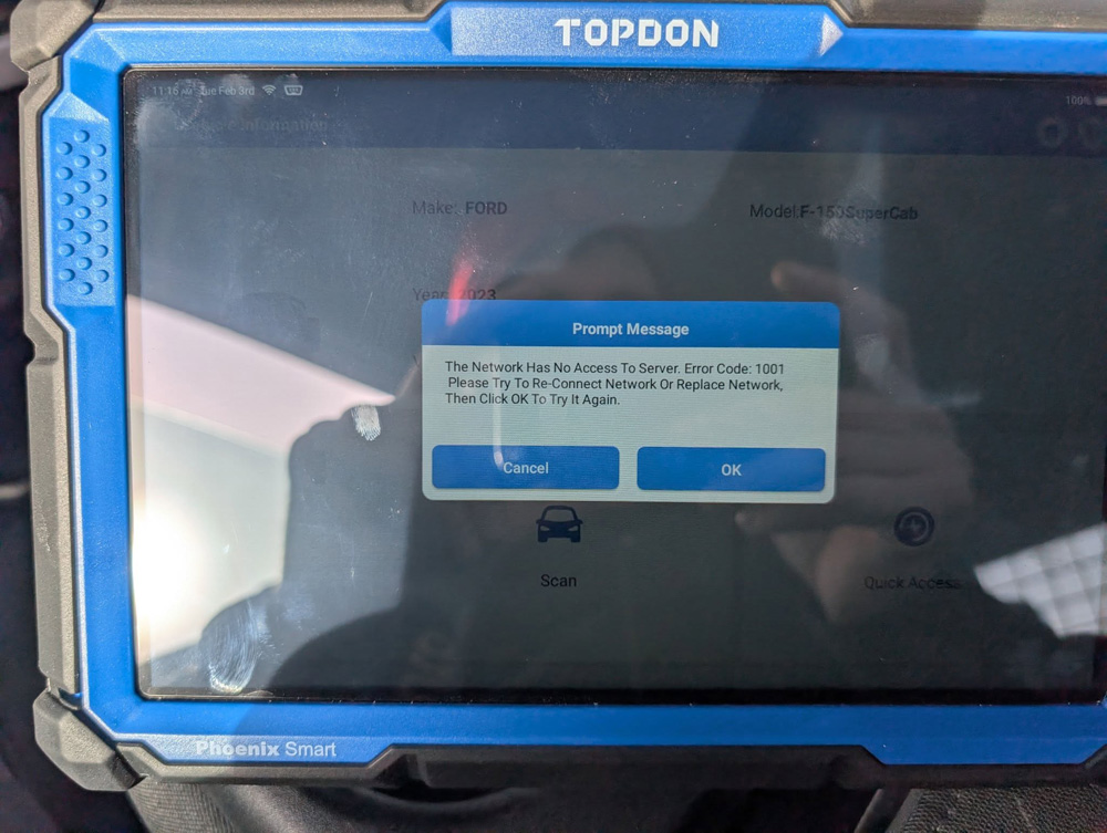 topdon phoenix network not access server error 1001