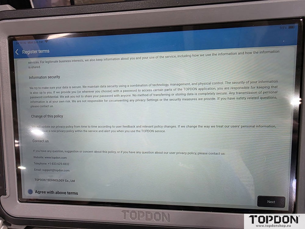 topdon not proceed past agree to terms screen