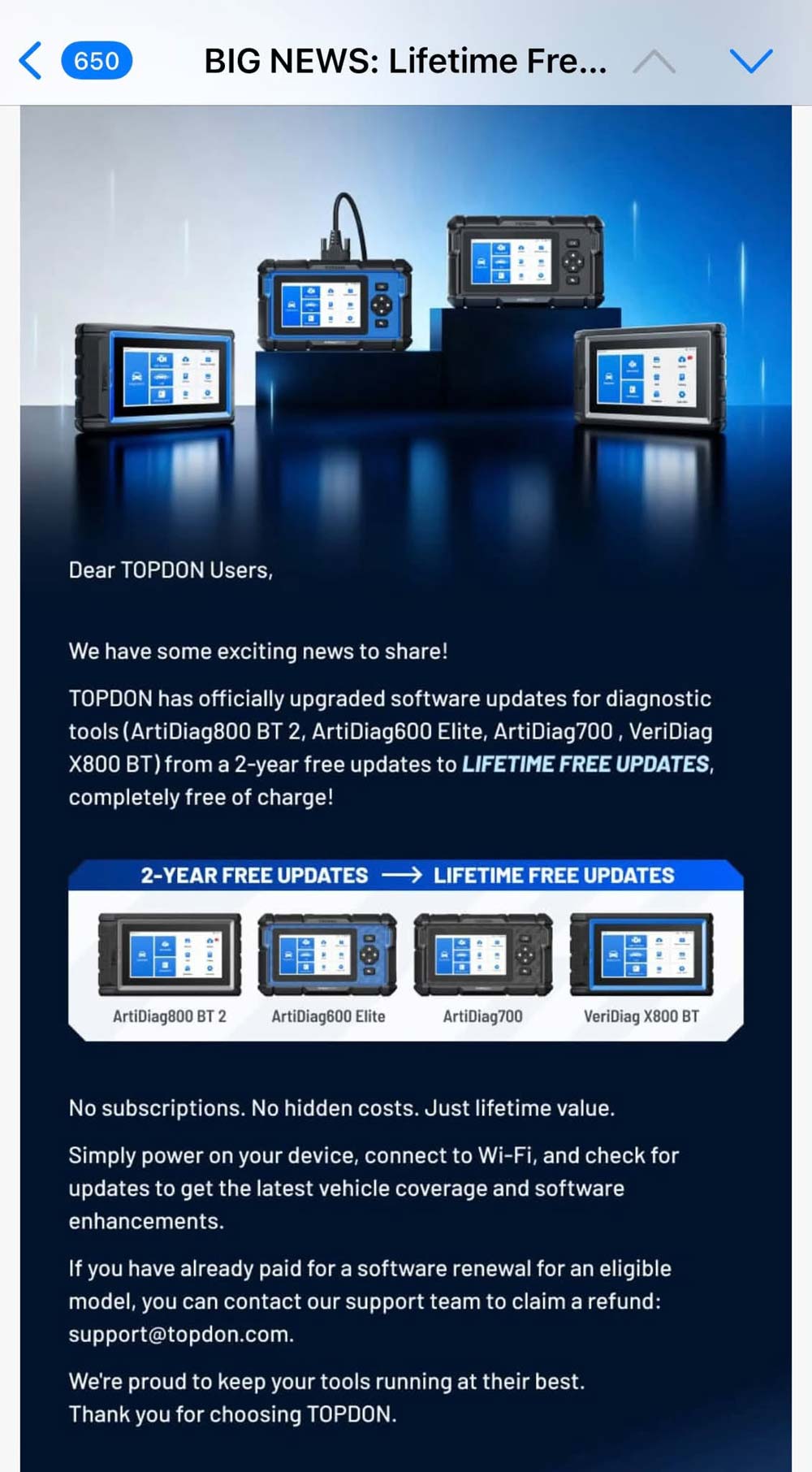 topdon ad800bt2 ad700 ad600 elite lifetime free update