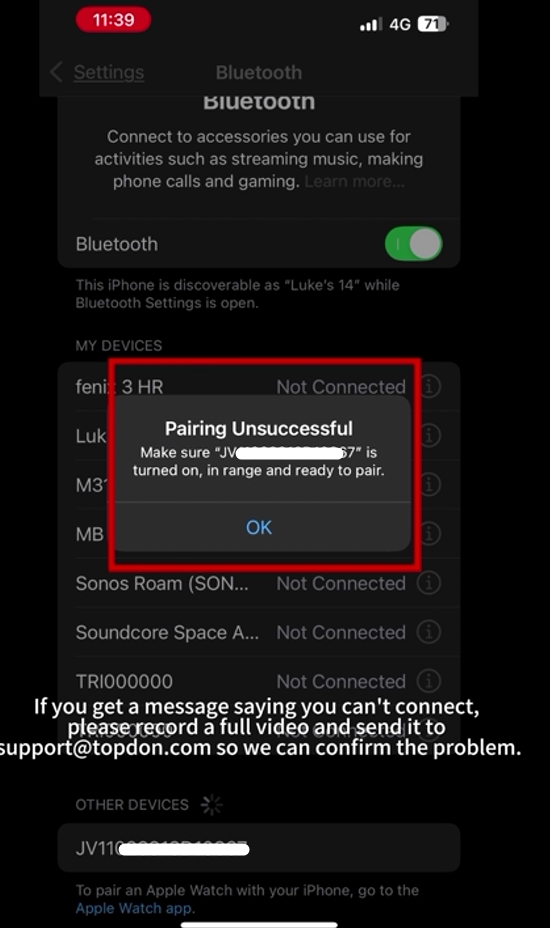topscan pro failed to connect bluetooth 4