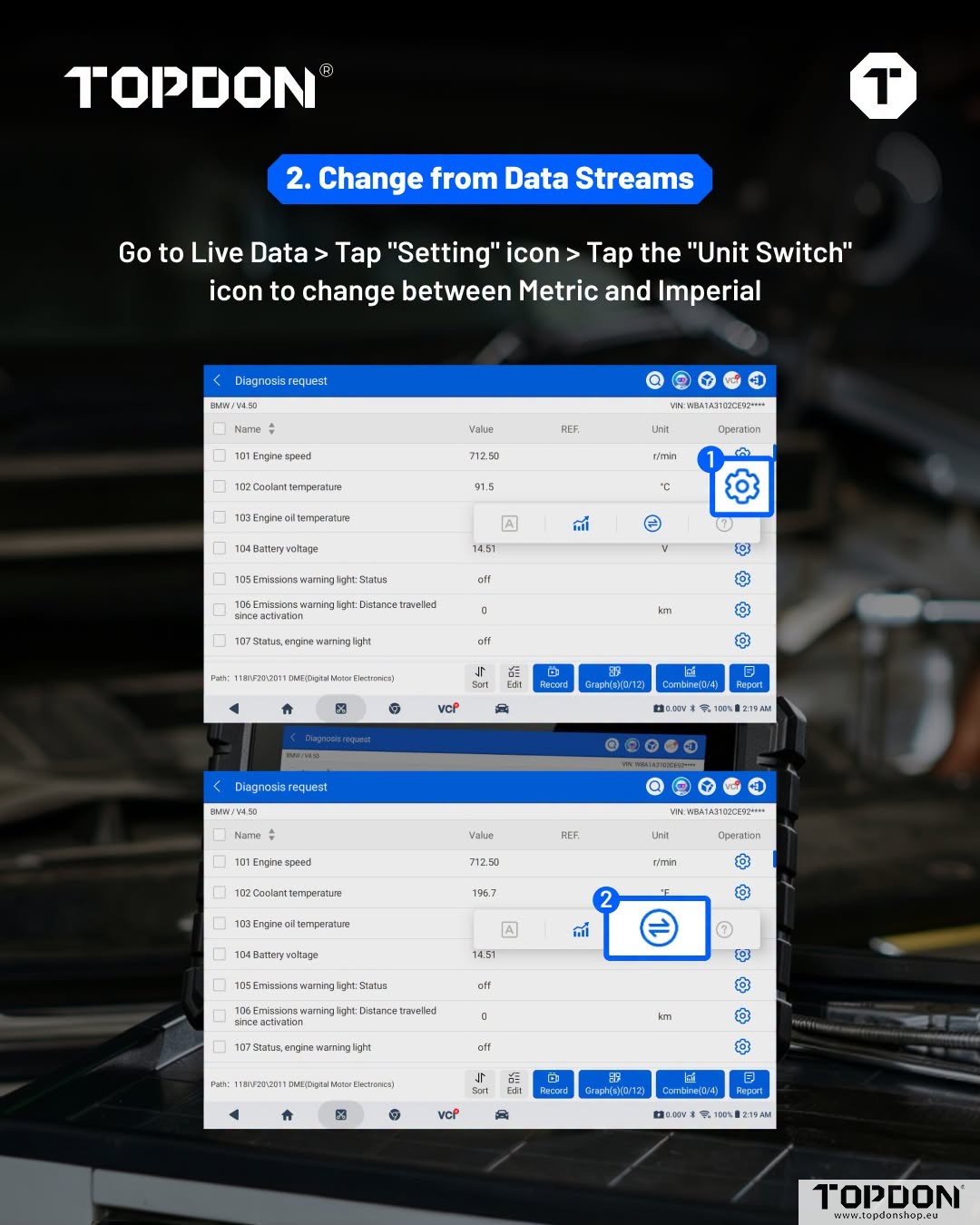 change data stream units on topdon 3
